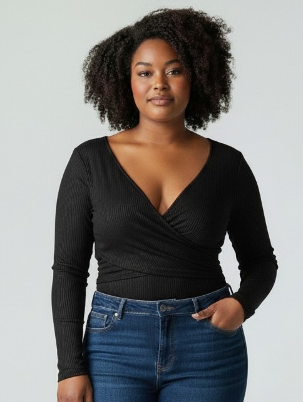 Black Long-Sleeve Draped Bodysuit